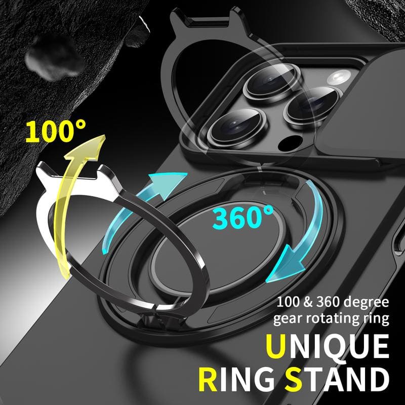 Military-Grade Shockproof Magnetic Case with Camera Slide & 360° Kickstand Ring