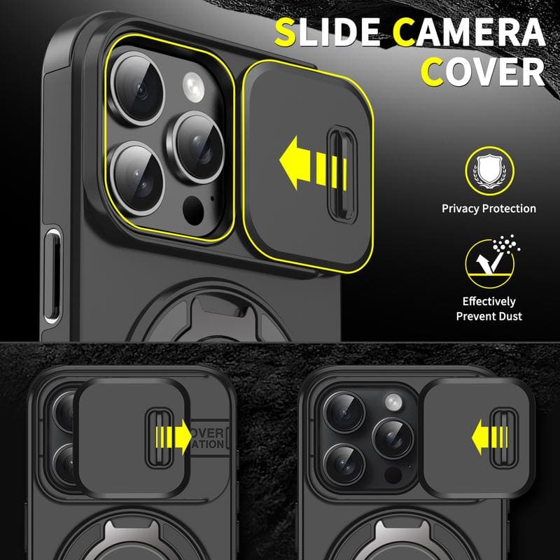 Military-Grade Shockproof Magnetic Case with Camera Slide & 360° Kickstand Ring