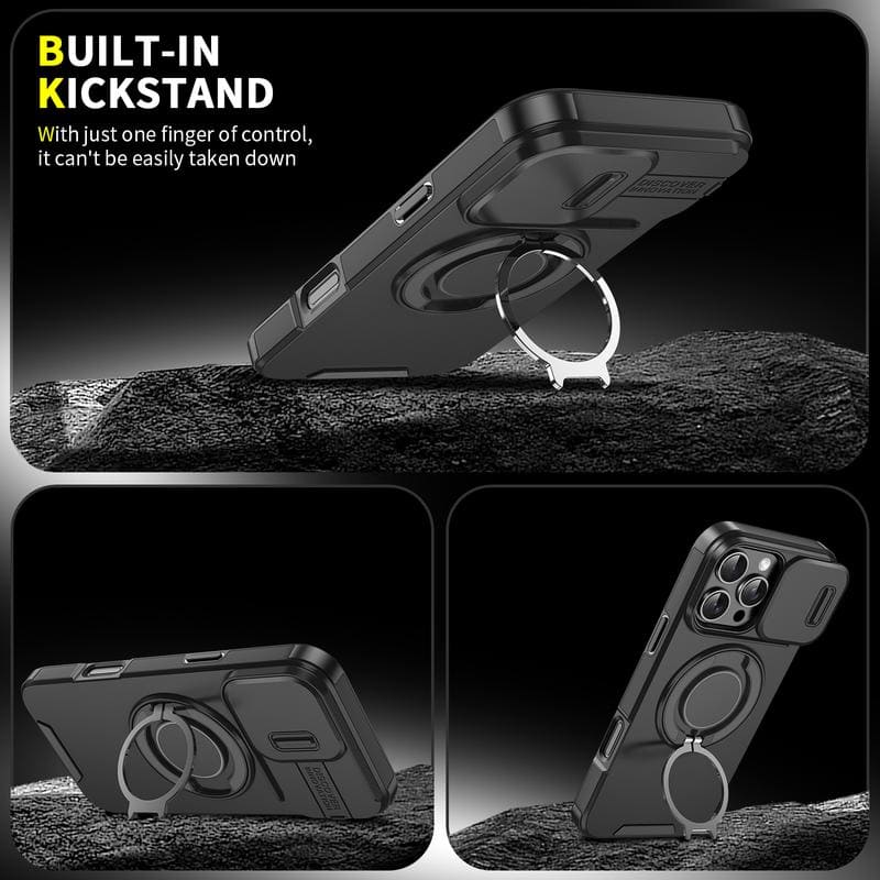 Military-Grade Shockproof Magnetic Case with Camera Slide & 360° Kickstand Ring