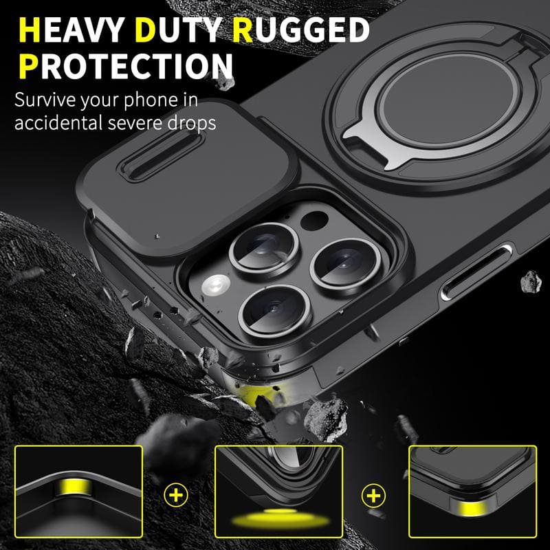 Military-Grade Shockproof Magnetic Case with Camera Slide & 360° Kickstand Ring