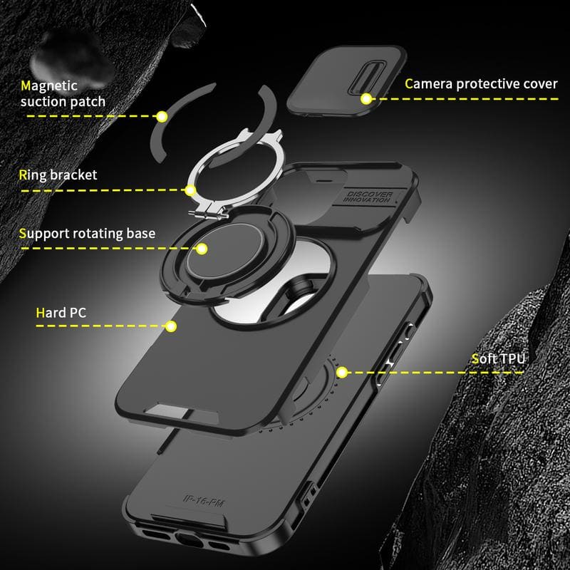 Military-Grade Shockproof Magnetic Case with Camera Slide & 360° Kickstand Ring