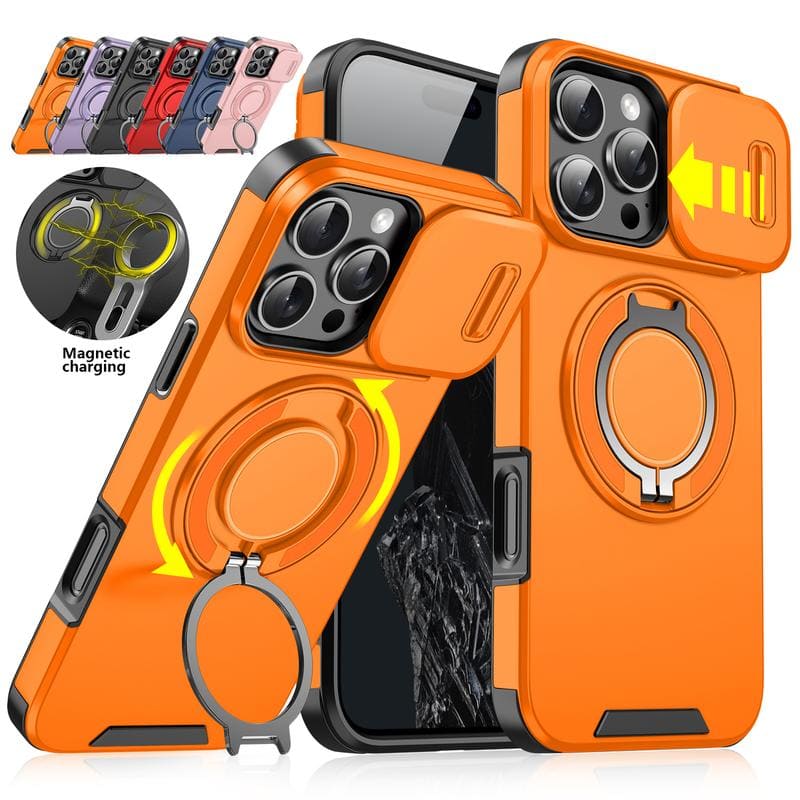 Military-Grade Shockproof Magnetic Case with Camera Slide & 360° Kickstand Ring