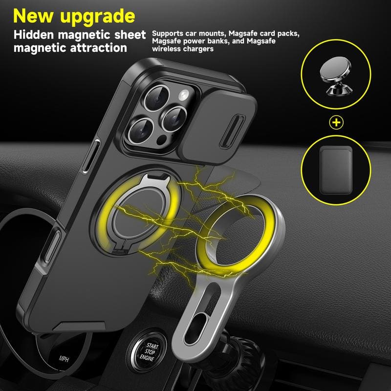Military-Grade Shockproof Magnetic Case with Camera Slide & 360° Kickstand Ring